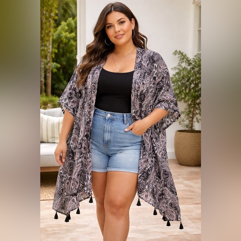 Cynthia Rowley Womens Plus 2X Paisley Kimono Cardigan Tasseled Boho Beach